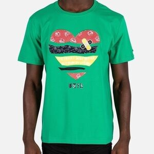 BKYS Mens‎ Green Graphic Heart Applique T-Shirt Medium Streetwear Short Sleeve